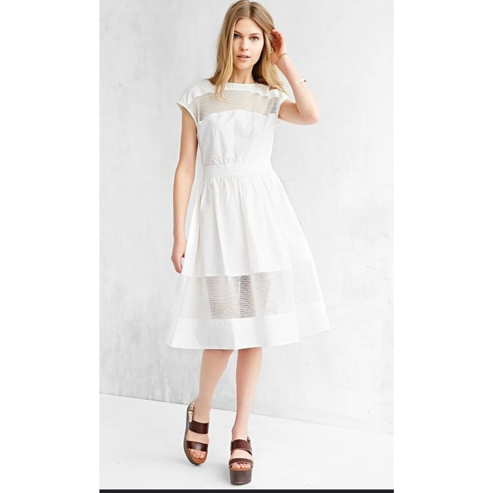 White Fit and Flare Midi Dress Urban Outfitters Eyelet Mesh Casual‎